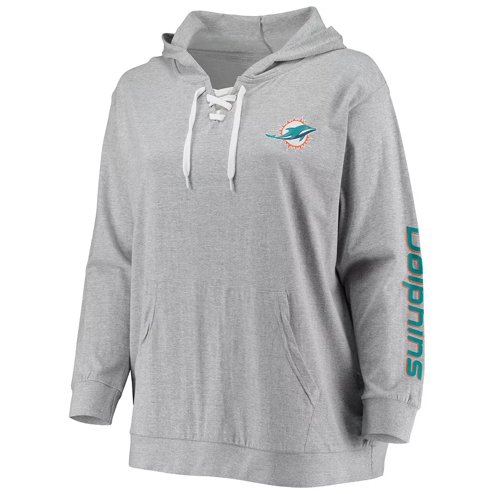 Women's Fanatics Branded Tua Tagovailoa Heathered Gray Miami Dolphins Plus Size Player Name & Number Laced V-Neck Pullover Hoodie 5 Women's Fanatics Branded Tua Tagovailoa Heathered Gray Miami Dolphins Plus Size Player Name & Number Laced V-Neck Pullover Hoodie - Image 3