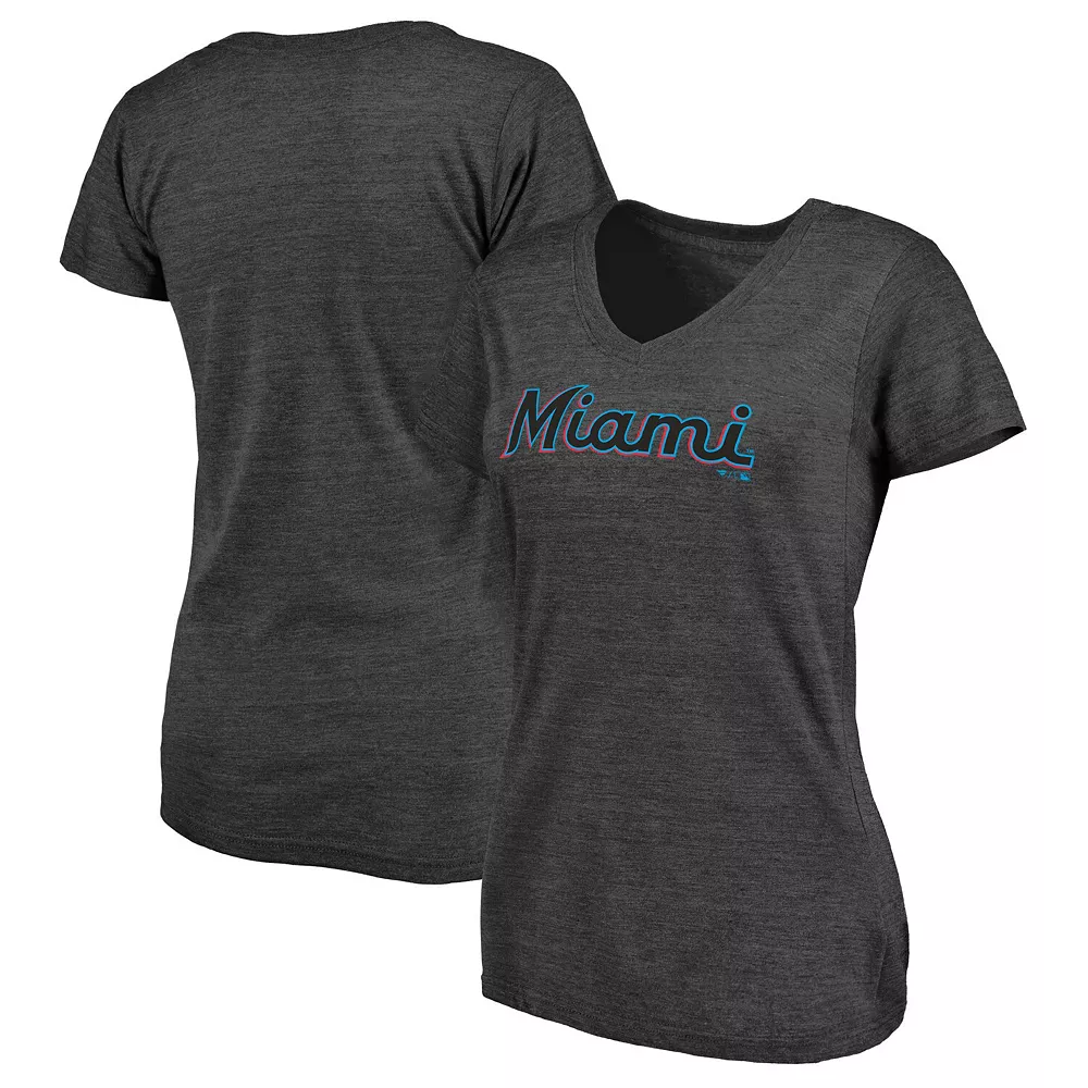Women's Fanatics Branded Heathered Charcoal Miami Marlins Wordmark Tri-Blend V-Neck T-Shirt 4 Women's Fanatics Branded Heathered Charcoal Miami Marlins Wordmark Tri-Blend V-Neck T-Shirt - Image 2