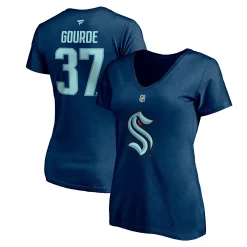Women's Fanatics Branded Yanni Gourde Deep Sea Blue Seattle Kraken Authentic Stack Name & Number V-Neck T-Shirt