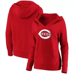 Women's Fanatics Branded Red Cincinnati Reds Official Logo Crossover V-Neck Pullover Hoodie