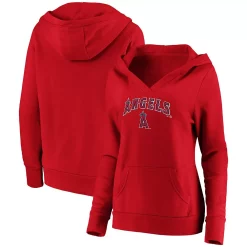Women's Fanatics Branded Red Los Angeles Angels Core Team Lockup V-Neck Pullover Hoodie