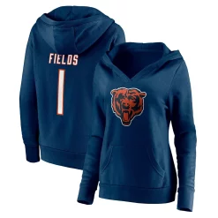 Women's Fanatics Branded Justin Fields Navy Chicago Bears Player Icon Name & Number V-Neck Pullover Hoodie