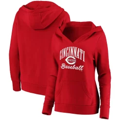 Women's Fanatics Branded Red Cincinnati Reds Victory Script Crossover Neck Pullover Hoodie