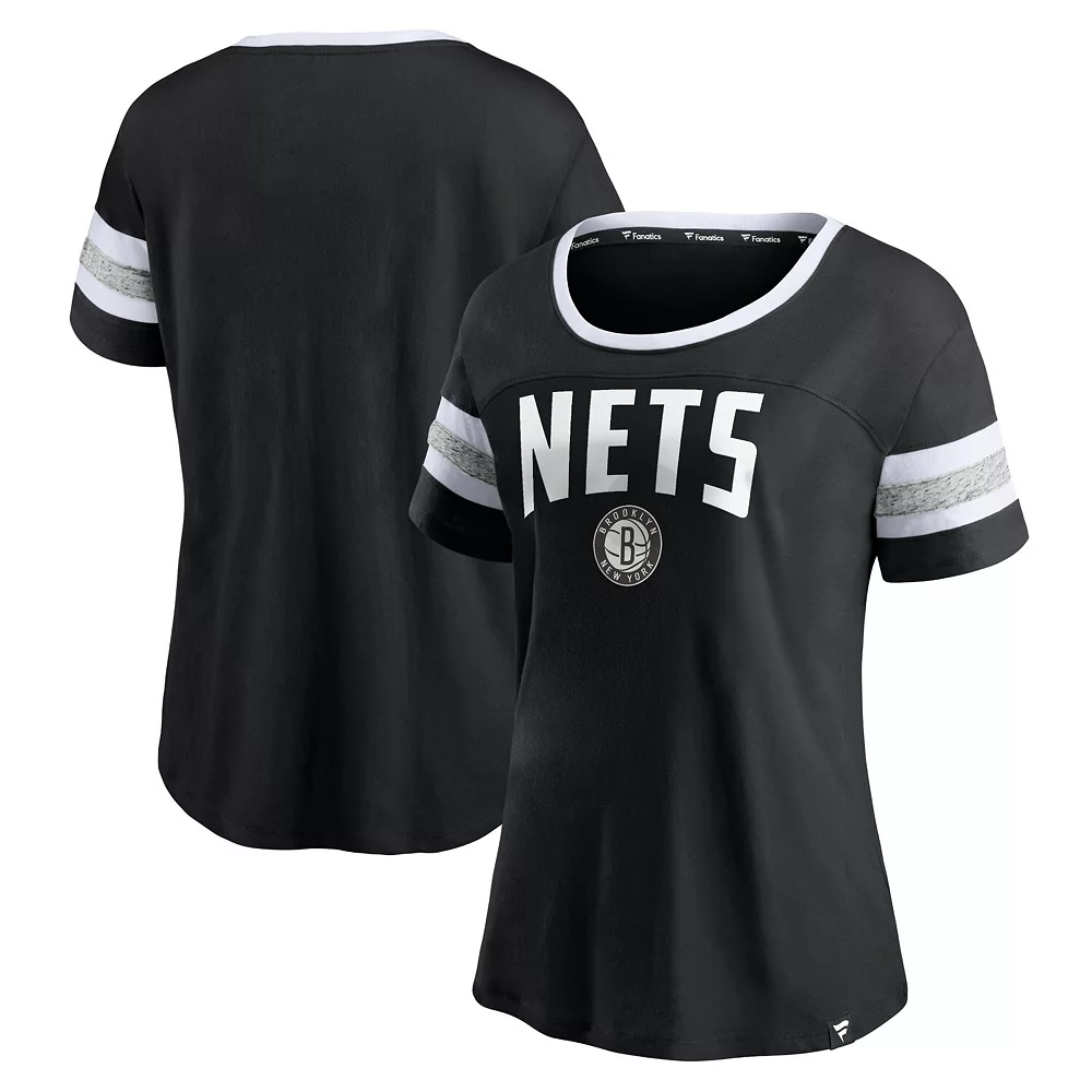 Women's Fanatics Branded Black/Heathered Gray Brooklyn Nets Block Party Striped Sleeve T-Shirt 3 Women's Fanatics Branded Black/Heathered Gray Brooklyn Nets Block Party Striped Sleeve T-Shirt