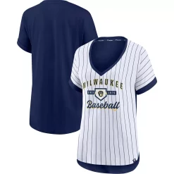 Women's Fanatics Branded White/Navy Milwaukee Brewers Iconic Noise Factor Pinstripe V-Neck T-Shirt