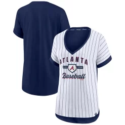 Women's Fanatics Branded White/Navy Atlanta Braves Iconic Noise Factor Pinstripe V-Neck T-Shirt