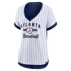 Women's Fanatics Branded White/Navy Atlanta Braves Iconic Noise Factor Pinstripe V-Neck T-Shirt -Fanatics Clothing Shop 5683042 ALT2
