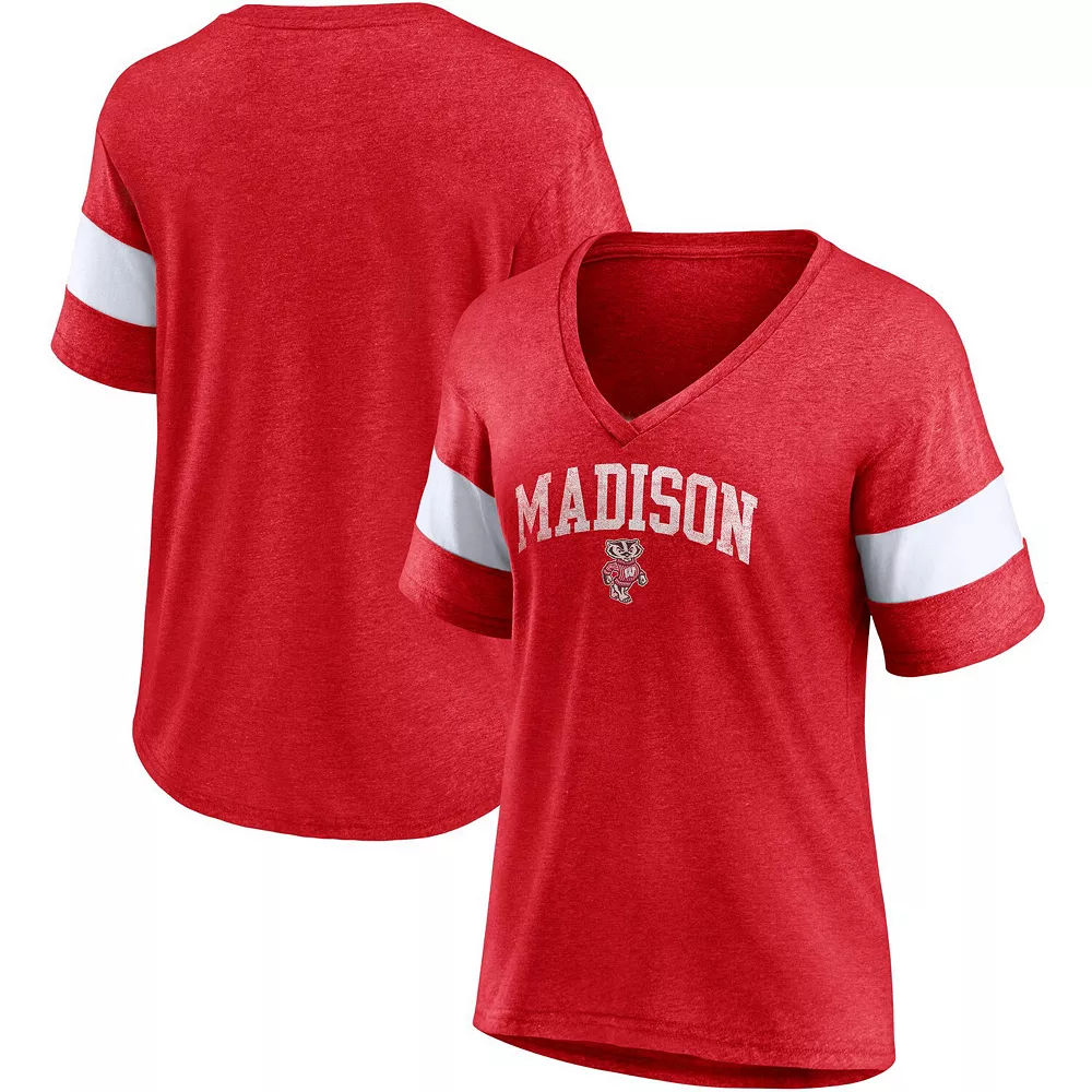 Women's Fanatics Branded Heathered Red Wisconsin Badgers Arched City Sleeve-Striped Tri-Blend V-Neck T-Shirt 4 Women's Fanatics Branded Heathered Red Wisconsin Badgers Arched City Sleeve-Striped Tri-Blend V-Neck T-Shirt - Image 2