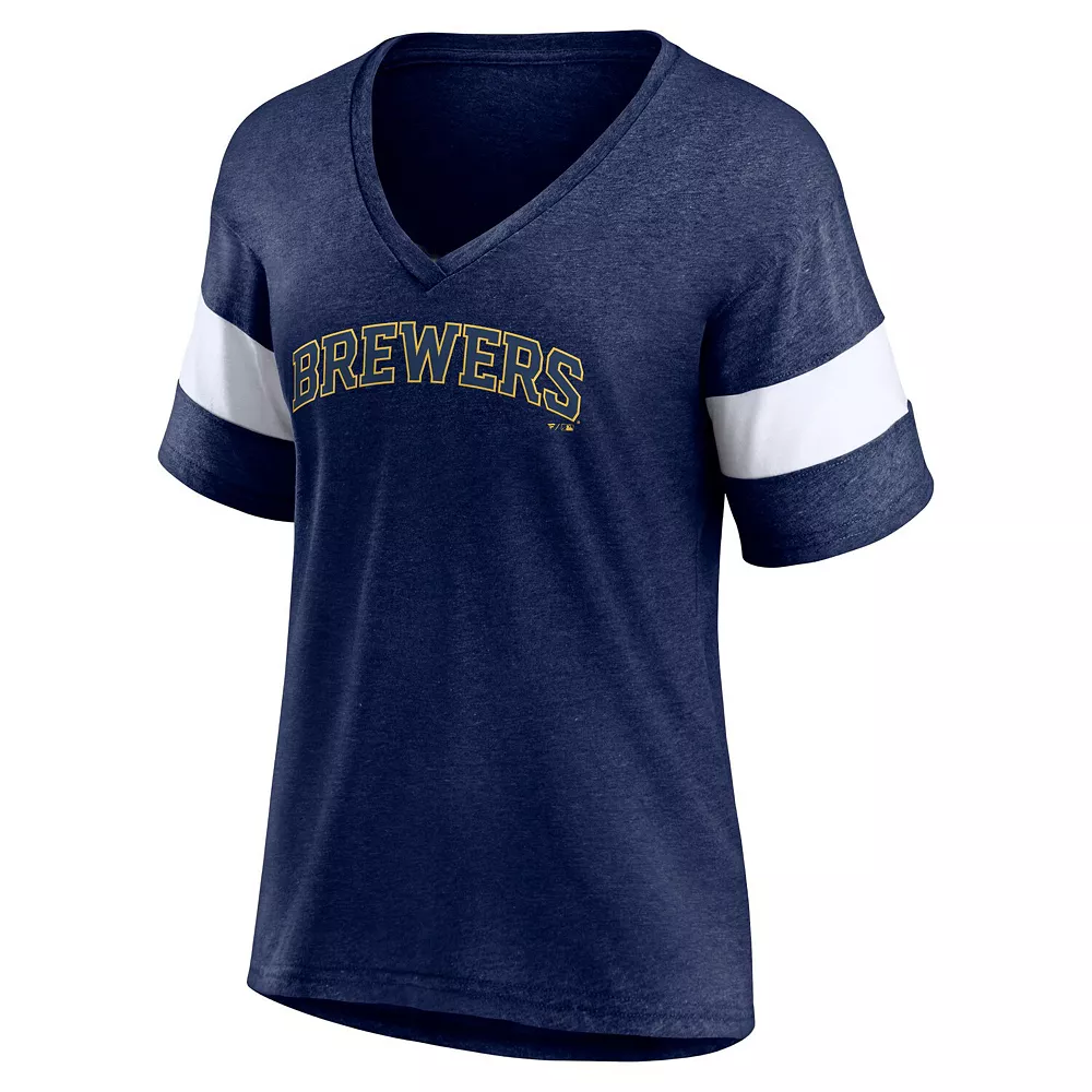 Women's Fanatics Branded Heathered Navy Milwaukee Brewers Wordmark V-Neck Tri-Blend T-Shirt 5 Women's Fanatics Branded Heathered Navy Milwaukee Brewers Wordmark V-Neck Tri-Blend T-Shirt - Image 3