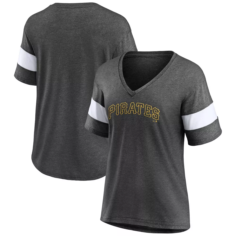 Women's Fanatics Branded Heathered Charcoal Pittsburgh Pirates Wordmark V-Neck Tri-Blend T-Shirt 4 Women's Fanatics Branded Heathered Charcoal Pittsburgh Pirates Wordmark V-Neck Tri-Blend T-Shirt - Image 2
