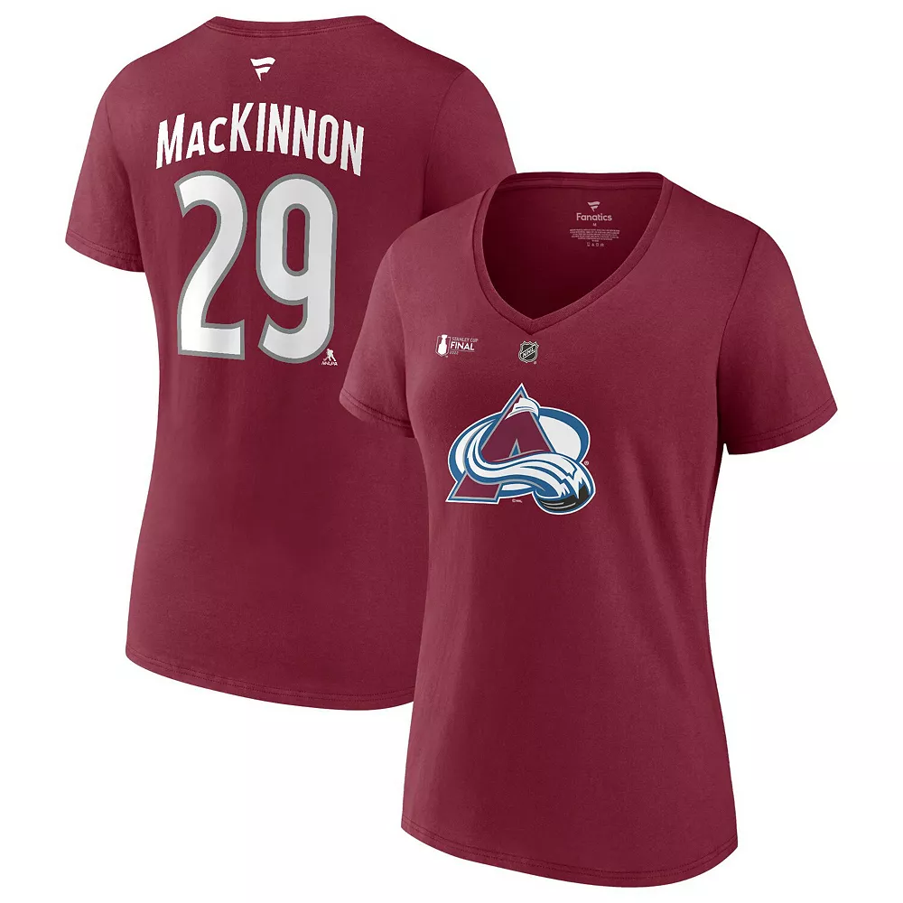 Women's Fanatics Branded Nathan MacKinnon Burgundy Colorado Avalanche 2022 Stanley Cup Final Authentic Stack Name & Number V-Neck T-Shirt 4 Women's Fanatics Branded Nathan MacKinnon Burgundy Colorado Avalanche 2022 Stanley Cup Final Authentic Stack Name & Number V-Neck T-Shirt - Image 2