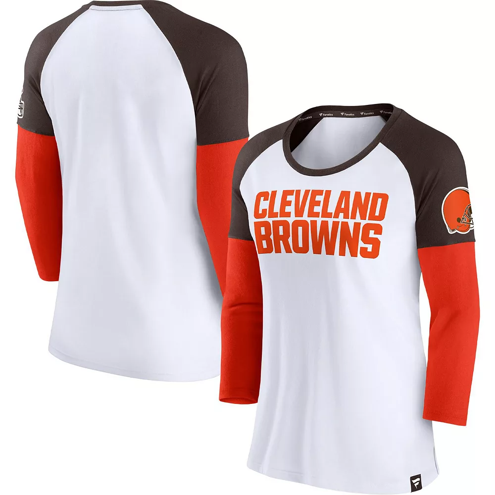 Women's Fanatics Branded White/Brown Cleveland Browns Durable Raglan 3/4-Sleeve T-Shirt 3 Women's Fanatics Branded White/Brown Cleveland Browns Durable Raglan 3/4-Sleeve T-Shirt