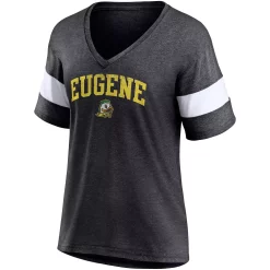 Women's Fanatics Branded Heathered Charcoal Oregon Ducks Arched City Sleeve-Striped Tri-Blend V-Neck T-Shirt -Fanatics Clothing Shop 5928553 ALT2