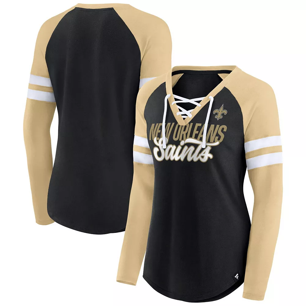 Women's Fanatics Branded Black/Gold New Orleans Saints True to Form Raglan Lace-Up V-Neck Long Sleeve T-Shirt 4 Women's Fanatics Branded Black/Gold New Orleans Saints True to Form Raglan Lace-Up V-Neck Long Sleeve T-Shirt - Image 2