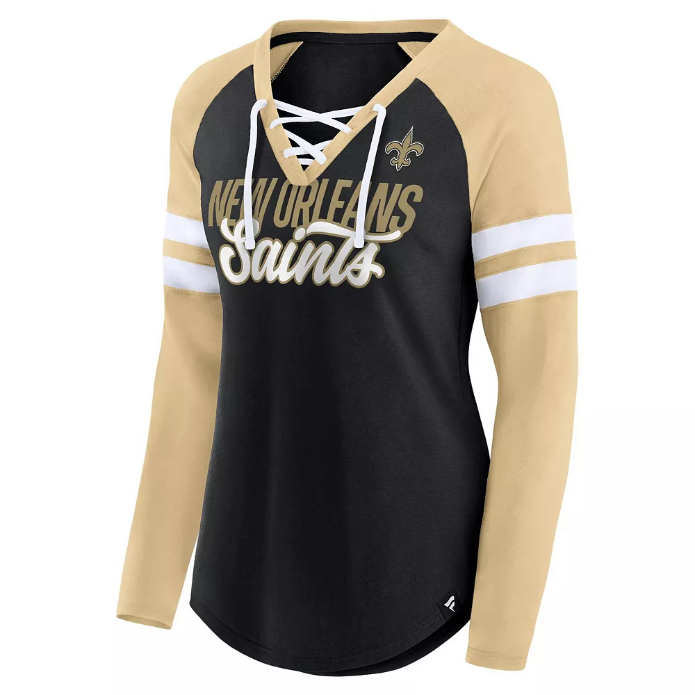 Women's Fanatics Branded Black/Gold New Orleans Saints True to Form Raglan Lace-Up V-Neck Long Sleeve T-Shirt 5 Women's Fanatics Branded Black/Gold New Orleans Saints True to Form Raglan Lace-Up V-Neck Long Sleeve T-Shirt - Image 3