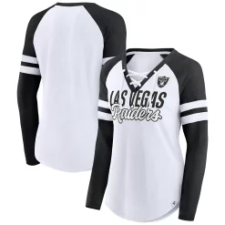 Women's Fanatics Branded White/Black Las Vegas Raiders True to Form Raglan Lace-Up V-Neck Long Sleeve T-Shirt