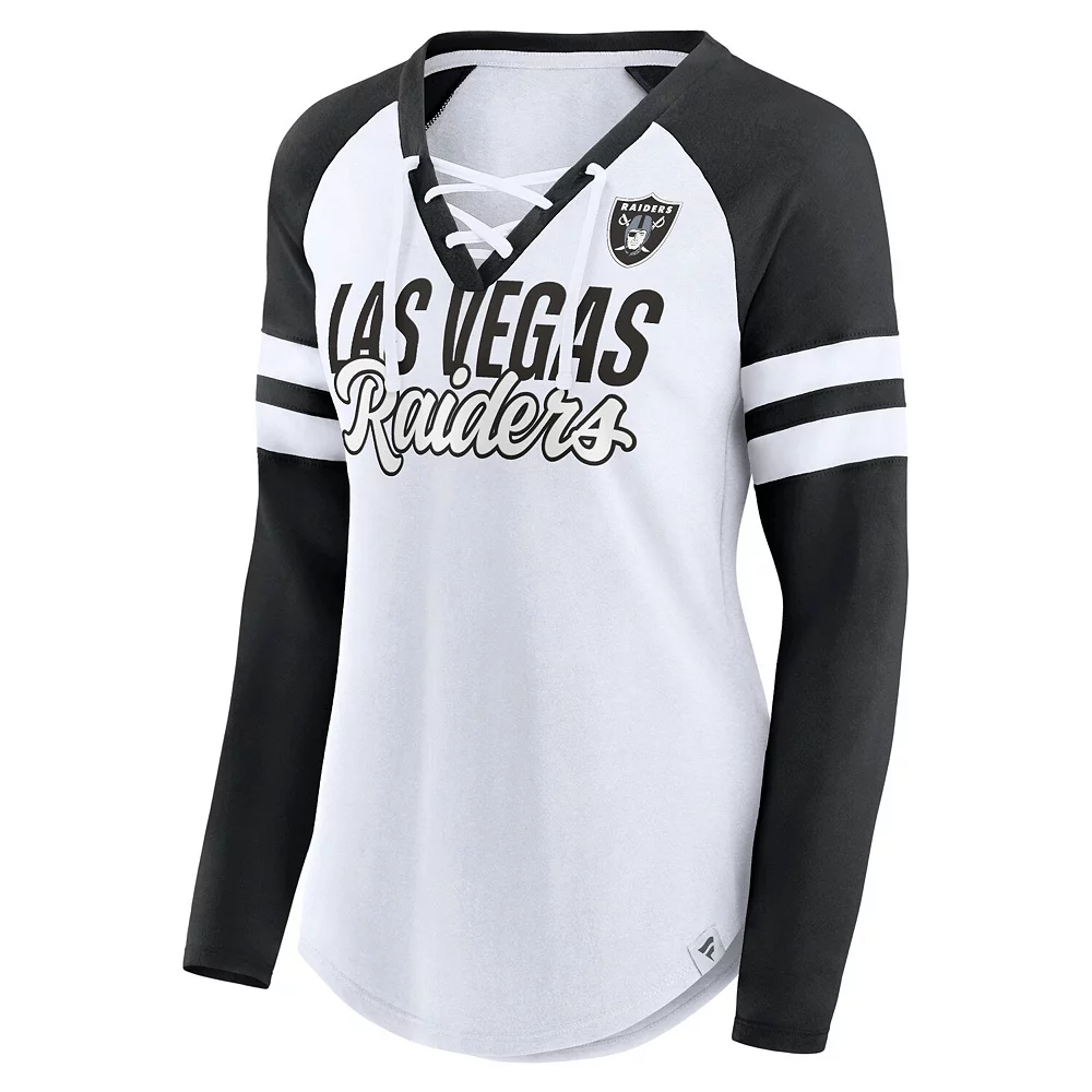 Women's Fanatics Branded White/Black Las Vegas Raiders True to Form Raglan Lace-Up V-Neck Long Sleeve T-Shirt 5 Women's Fanatics Branded White/Black Las Vegas Raiders True to Form Raglan Lace-Up V-Neck Long Sleeve T-Shirt - Image 3