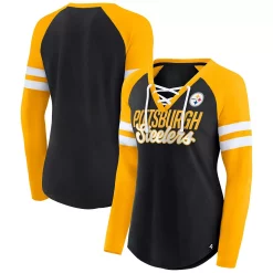 Women's Fanatics Branded Black/Gold Pittsburgh Steelers True to Form Raglan Lace-Up V-Neck Long Sleeve T-Shirt -Fanatics Clothing Shop 5936912 ALT