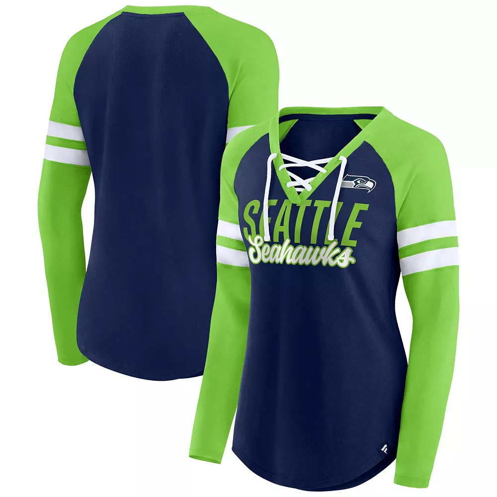 Women's Fanatics Branded College Navy/Neon Green Seattle Seahawks True to Form Raglan Lace-Up V-Neck Long Sleeve T-Shirt 3 Women's Fanatics Branded College Navy/Neon Green Seattle Seahawks True to Form Raglan Lace-Up V-Neck Long Sleeve T-Shirt