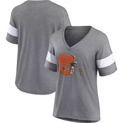Women's Fanatics Branded Heathered Gray/White Cleveland Browns Distressed Team Tri-Blend V-Neck T-Shirt -Fanatics Clothing Shop 5969513 ALT