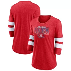 Women's Fanatics Branded Heathered Red/White Montreal Canadiens Full Shield 3/4-Sleeve Tri-Blend Raglan Scoop Neck T-Shirt -Fanatics Clothing Shop 5981651 ALT