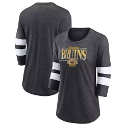 Women's Fanatics Branded Heathered Charcoal/White Boston Bruins Full Shield 3/4-Sleeve Tri-Blend Raglan Scoop Neck T-Shirt -Fanatics Clothing Shop 5981819 ALT