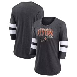 Women's Fanatics Branded Heathered Charcoal/White Philadelphia Flyers Full Shield 3/4-Sleeve Tri-Blend Raglan Scoop Neck T-Shirt -Fanatics Clothing Shop 5983097 ALT