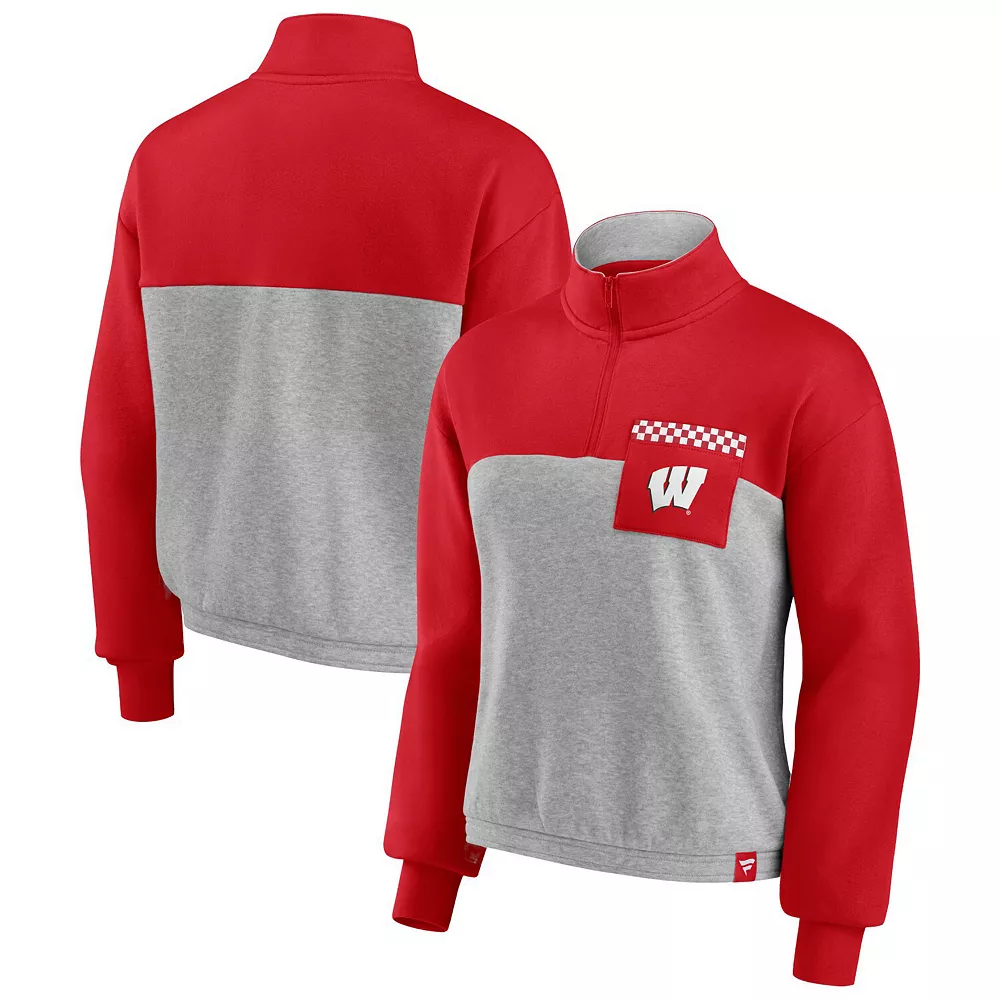 Women's Fanatics Branded Red/Heathered Gray Wisconsin Badgers Sideline to Sideline Colorblock Quarter-Zip Jacket 3 Women's Fanatics Branded Red/Heathered Gray Wisconsin Badgers Sideline to Sideline Colorblock Quarter-Zip Jacket
