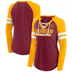 Women's Fanatics Branded Burgundy/Gold Washington Commanders Plus Size True to Form Lace-Up V-Neck Raglan Long Sleeve T-Shirt