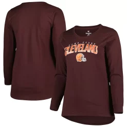 Women's Fanatics Branded Brown Cleveland Browns Plus Size Measure Distance Scoop Neck Long Sleeve T-Shirt -Fanatics Clothing Shop 6064150 ALT