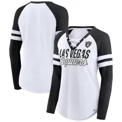 Women's Fanatics Branded White Las Vegas Raiders Plus Size True to Form Lace-Up V-Neck Raglan Long Sleeve T-Shirt