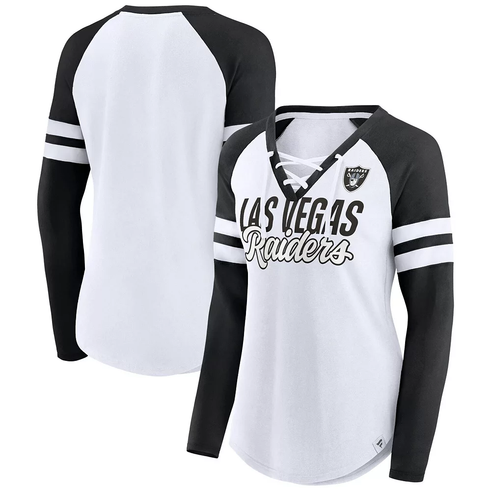 Women's Fanatics Branded White Las Vegas Raiders Plus Size True to Form Lace-Up V-Neck Raglan Long Sleeve T-Shirt 4 Women's Fanatics Branded White Las Vegas Raiders Plus Size True to Form Lace-Up V-Neck Raglan Long Sleeve T-Shirt - Image 2