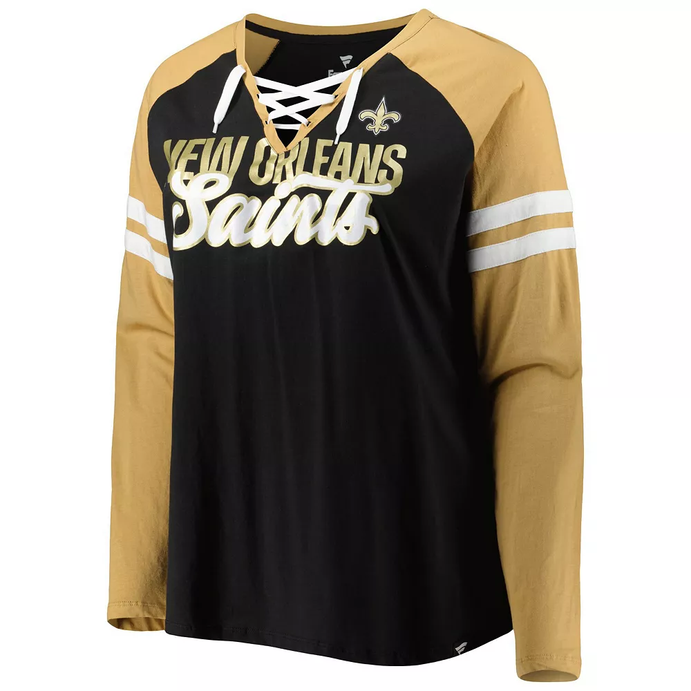 Women's Fanatics Branded Black/Vegas Gold New Orleans Saints Plus Size True to Form Lace-Up V-Neck Raglan Long Sleeve T-Shirt 5 Women's Fanatics Branded Black/Vegas Gold New Orleans Saints Plus Size True to Form Lace-Up V-Neck Raglan Long Sleeve T-Shirt - Image 3