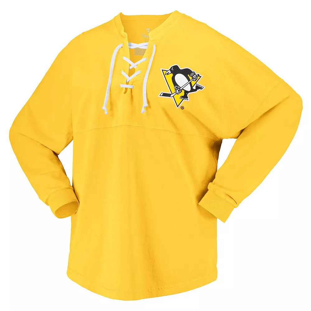 Women's Fanatics Branded Gold Pittsburgh Penguins Spirit Lace-Up V-Neck Long Sleeve Jersey T-Shirt 5 Women's Fanatics Branded Gold Pittsburgh Penguins Spirit Lace-Up V-Neck Long Sleeve Jersey T-Shirt - Image 3