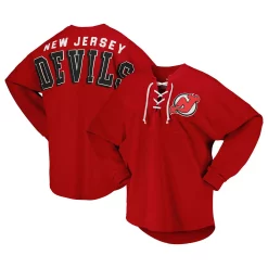 Women's Fanatics Branded Red New Jersey Devils Spirit Lace-Up V-Neck Long Sleeve Jersey T-Shirt
