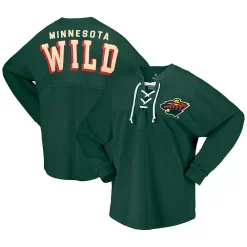 Women's Fanatics Branded Green Minnesota Wild Spirit Lace-Up V-Neck Long Sleeve Jersey T-Shirt