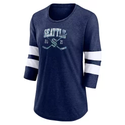 Women's Fanatics Branded Heather Deep Sea Blue Seattle Kraken Line Shift Tri-Blend Three-Quarter Sleeve T-Shirt -Fanatics Clothing Shop 6134988 ALT2
