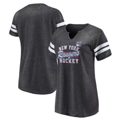 Women's Fanatics Branded Heather Charcoal New York Rangers Quick Out Raglan Notch Neck T-Shirt