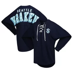 Women's Fanatics Branded Deep Sea Blue Seattle Kraken Spirit Lace-Up V-Neck Long Sleeve Jersey T-Shirt -Fanatics Clothing Shop 6162050 ALT