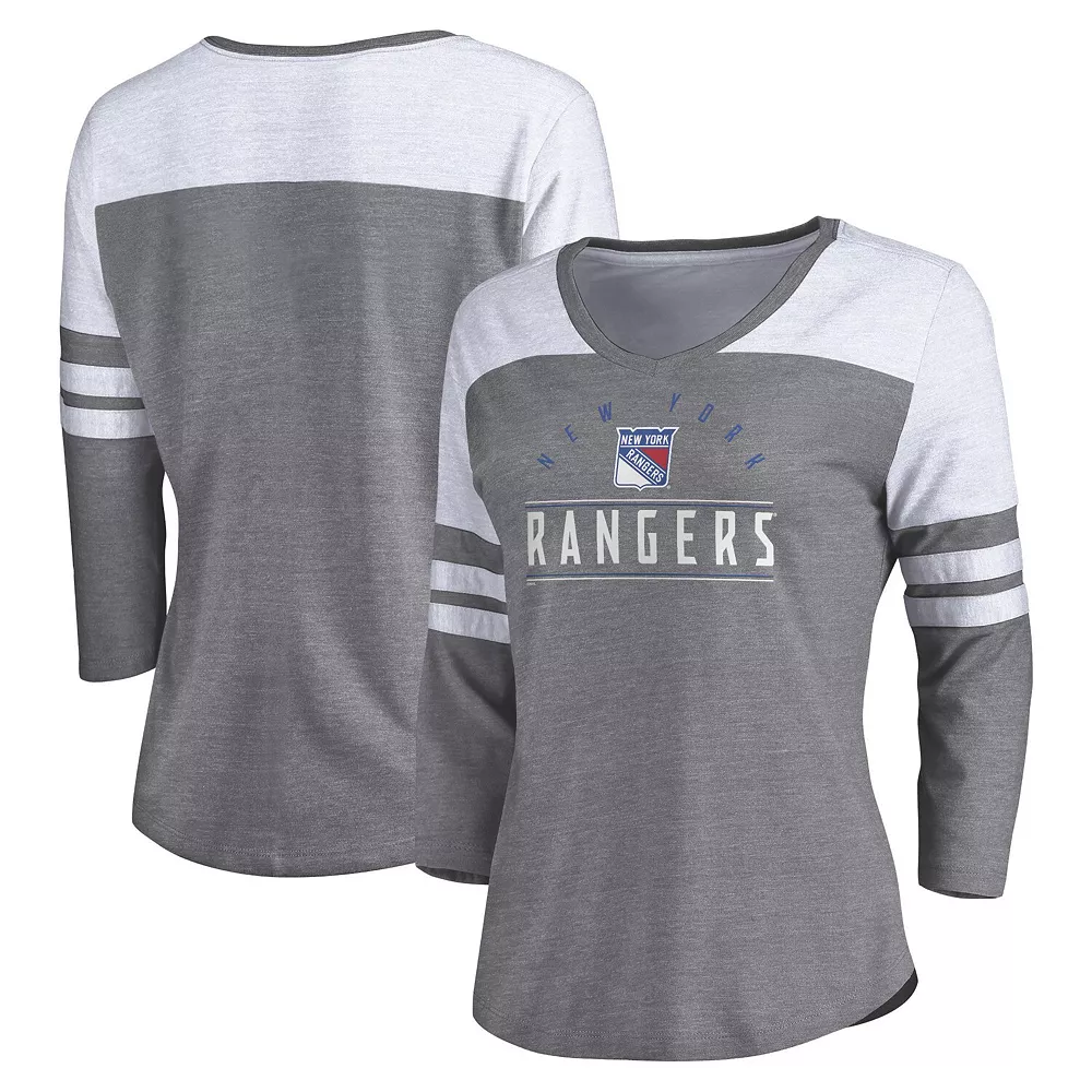 Women's Fanatics Branded Heather Gray/White New York Rangers League Leader V-Neck Tri-Blend 3/4-Sleeve T-Shirt 3 Women's Fanatics Branded Heather Gray/White New York Rangers League Leader V-Neck Tri-Blend 3/4-Sleeve T-Shirt