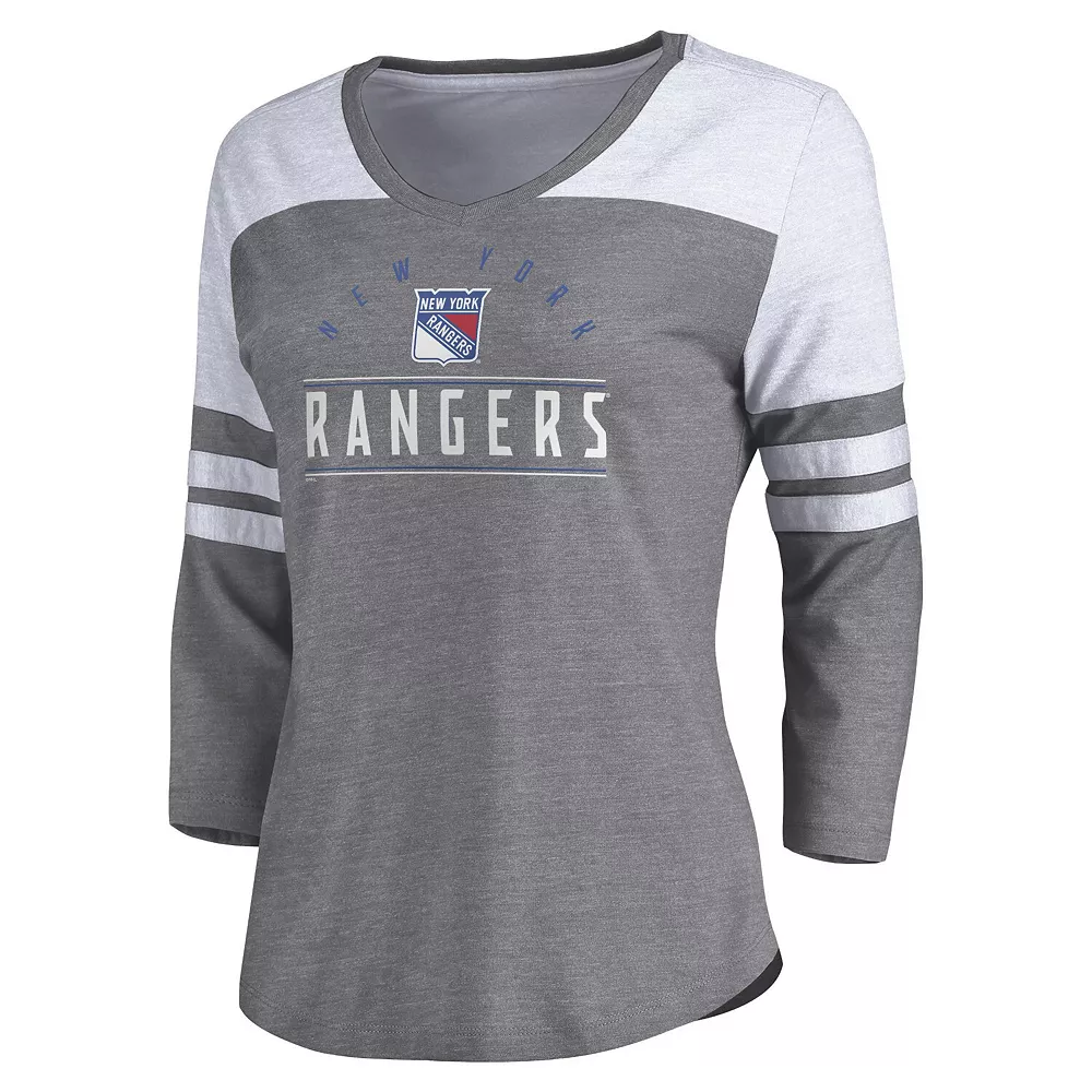 Women's Fanatics Branded Heather Gray/White New York Rangers League Leader V-Neck Tri-Blend 3/4-Sleeve T-Shirt 5 Women's Fanatics Branded Heather Gray/White New York Rangers League Leader V-Neck Tri-Blend 3/4-Sleeve T-Shirt - Image 3
