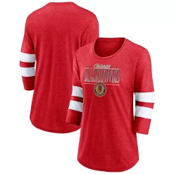 Women's Fanatics Branded Heathered Red/White Chicago Blackhawks Full Shield 3/4-Sleeve Tri-Blend Raglan Scoop Neck T-Shirt -Fanatics Clothing Shop 6221689 ALT
